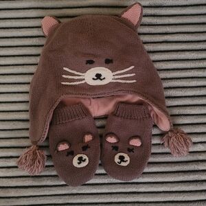 Gap Baby Girl Gray Kitten Hat & Mittens Size 12-18M